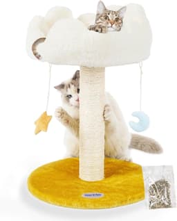 Happi N Pets 22-inch light beige cloud cat tree with cloud-shaped plush perch, star and moon danglers, sisal scratching post, wide base and bonus catnip