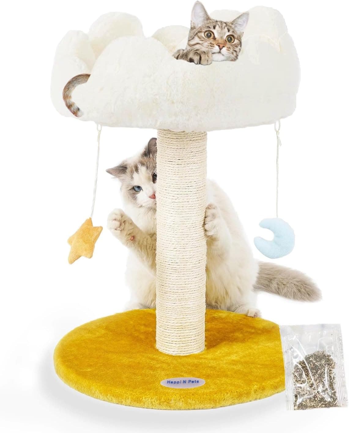 Happi N Pets 22-inch light beige cloud cat tree with cloud-shaped plush perch, star and moon danglers, sisal scratching post, wide base and bonus catnip