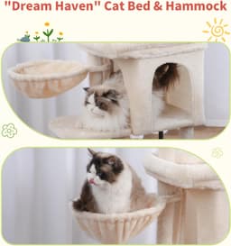 Hey-Brother multi-level cat tree tower featuring a two-door cat condo, top perch bed, tall tower bed, sisal scratching posts, and a hanging hammock for cats
