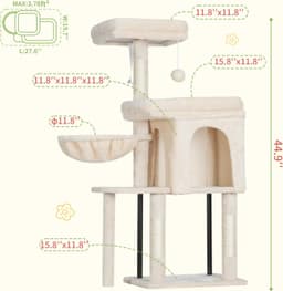 Hey-Brother multi-level cat tree tower featuring a two-door cat condo, top perch bed, tall tower bed, sisal scratching posts, and a hanging hammock for cats