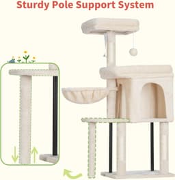 Hey-Brother multi-level cat tree tower featuring a two-door cat condo, top perch bed, tall tower bed, sisal scratching posts, and a hanging hammock for cats