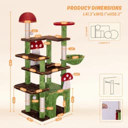 IRONCK 58-inch green giant mushroom cat tree with multi-level platforms, enlarged cat condo, hammock, 5 sisal posts, 2 mushroom scratching boards, solid mushroom post and hanging balls