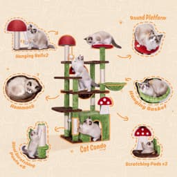 IRONCK 58-inch green giant mushroom cat tree with multi-level platforms, enlarged cat condo, hammock, 5 sisal posts, 2 mushroom scratching boards, solid mushroom post and hanging balls