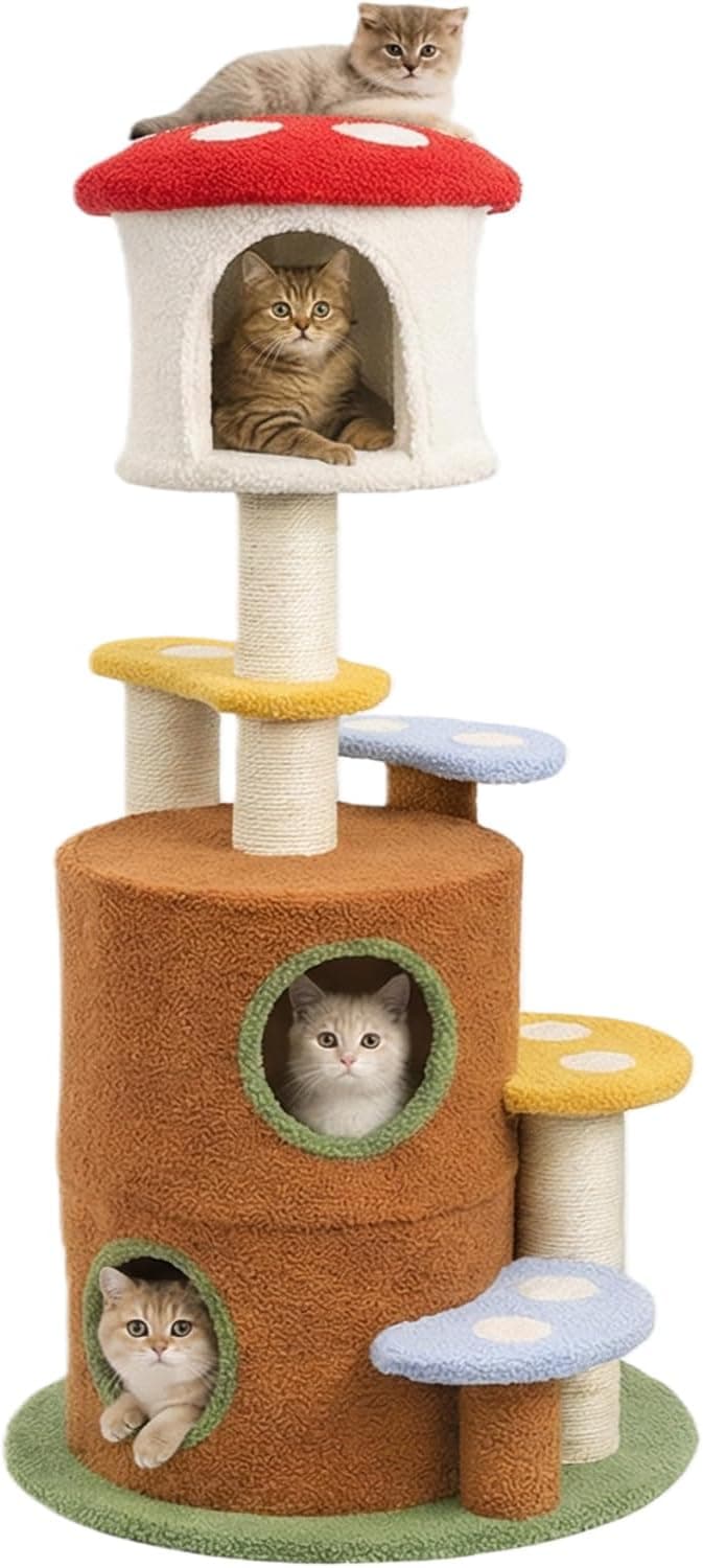 KWOJU mushroom cat tree at 59.8 inches tall featuring multi-level plush platforms, cat condo, enclosed hideouts, and scratching posts