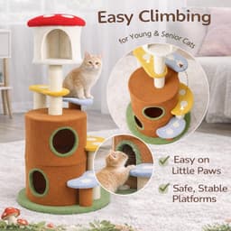 KWOJU mushroom cat tree at 59.8 inches tall featuring multi-level plush platforms, cat condo, enclosed hideouts, and scratching posts