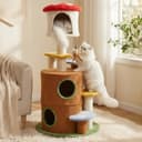 KWOJU mushroom cat tree at 59.8 inches tall featuring multi-level plush platforms, cat condo, enclosed hideouts, and scratching posts