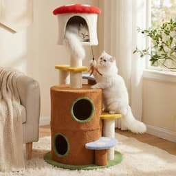 KWOJU mushroom cat tree at 59.8 inches tall featuring multi-level plush platforms, cat condo, enclosed hideouts, and scratching posts