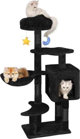 Meecal 43.5-inch black gothic cat tree with cloud-shaped bed, multi-level cat condos, cozy hammock, sisal scratching posts, anti-tip kit and dangling toy for kittens and small cats