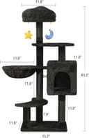 Meecal 43.5-inch black gothic cat tree with cloud-shaped bed, multi-level cat condos, cozy hammock, sisal scratching posts, anti-tip kit and dangling toy for kittens and small cats
