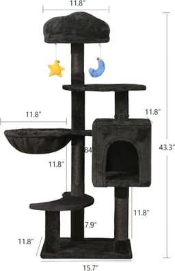 Meecal 43.5-inch black gothic cat tree with cloud-shaped bed, multi-level cat condos, cozy hammock, sisal scratching posts, anti-tip kit and dangling toy for kittens and small cats