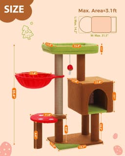 MUTTROS 35.4-inch brown mushroom cat tree with large green top perch, soft red hammock, cat condo, sisal scratching posts and mushroom dangling ball toy