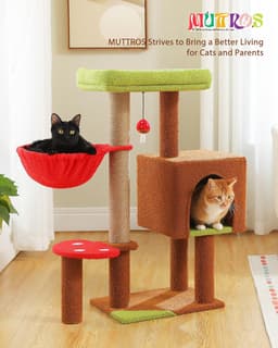 MUTTROS 35.4-inch brown mushroom cat tree with large green top perch, soft red hammock, cat condo, sisal scratching posts and mushroom dangling ball toy