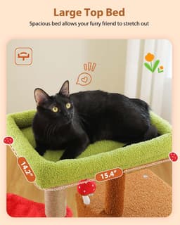 MUTTROS 35.4-inch brown mushroom cat tree with large green top perch, soft red hammock, cat condo, sisal scratching posts and mushroom dangling ball toy