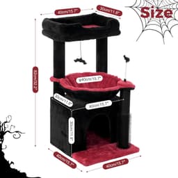 Pawfessor 32-inch black gothic cat tree with large 15.7-inch metal frame hammock, wide condo, self groomer, two sisal scratching posts, removable perch and hanging bell toys