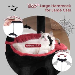 Pawfessor 32-inch black gothic cat tree with large 15.7-inch metal frame hammock, wide condo, self groomer, two sisal scratching posts, removable perch and hanging bell toys