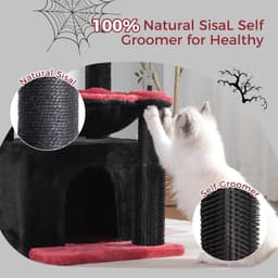 Pawfessor 32-inch black gothic cat tree with large 15.7-inch metal frame hammock, wide condo, self groomer, two sisal scratching posts, removable perch and hanging bell toys