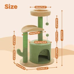 PAWZ Road 32-inch cactus cat tree with green cactus scratch post, sand-colored base, condo, and curved top perch