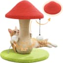 PETEPELA red mushroom-shaped cat scratching post with 100% sisal covering, large stable base, pompom toy and spring ball toy for indoor cats