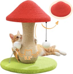 PETEPELA red mushroom-shaped cat scratching post with 100% sisal covering, large stable base, pompom toy and spring ball toy for indoor cats