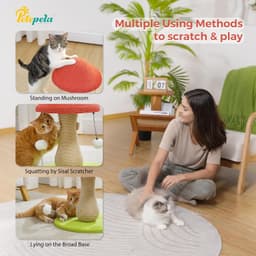 PETEPELA red mushroom-shaped cat scratching post with 100% sisal covering, large stable base, pompom toy and spring ball toy for indoor cats