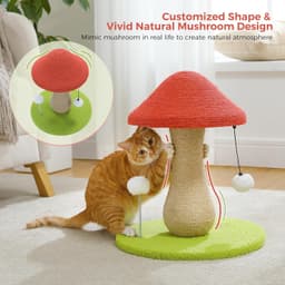 PETEPELA red mushroom-shaped cat scratching post with 100% sisal covering, large stable base, pompom toy and spring ball toy for indoor cats