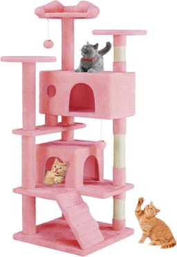 Sweetcrispy 54-inch pink cat tree tower with twin condos, three climbing platforms, sisal scratching posts, climbing ramp, and dangling bell toy balls