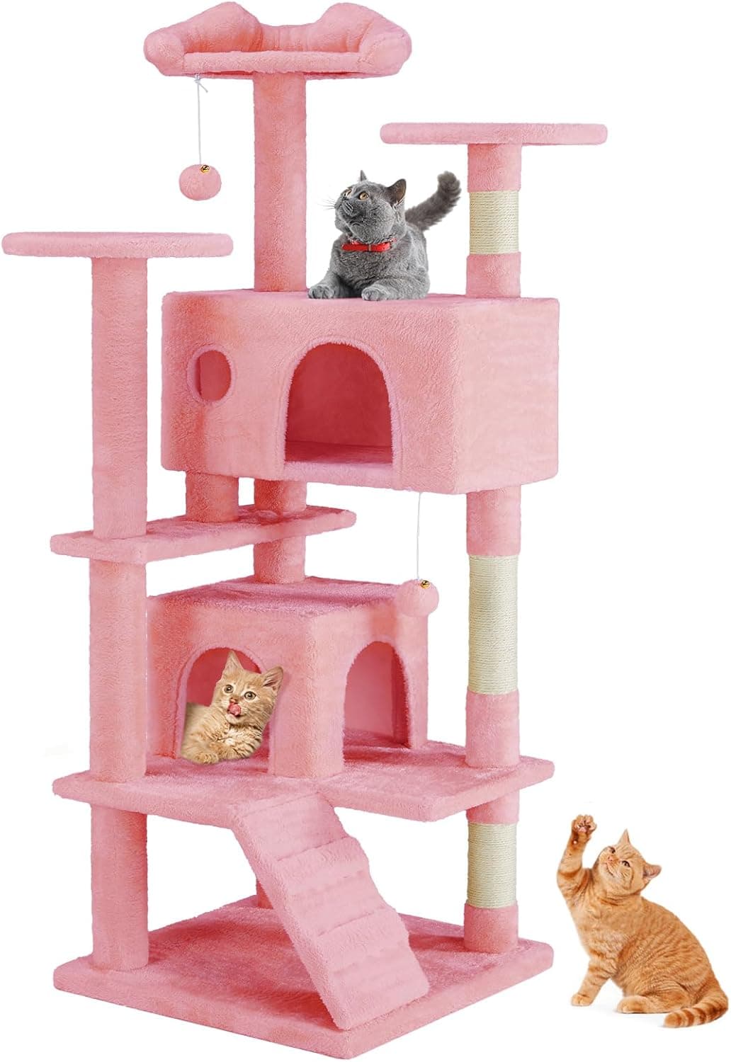 Sweetcrispy 54-inch pink cat tree tower with twin condos, three climbing platforms, sisal scratching posts, climbing ramp, and dangling bell toy balls
