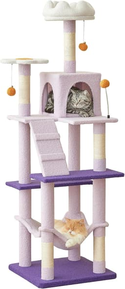 MWPO 63.8-inch flower cat tree tower with two flower-shaped perches, cat condo, hammock, sisal scratching posts and dangling toys