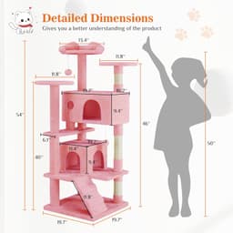 Sweetcrispy 54-inch pink cat tree tower with twin condos, three climbing platforms, sisal scratching posts, climbing ramp, and dangling bell toy balls
