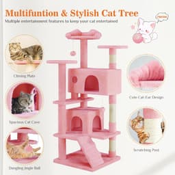 Sweetcrispy 54-inch pink cat tree tower with twin condos, three climbing platforms, sisal scratching posts, climbing ramp, and dangling bell toy balls
