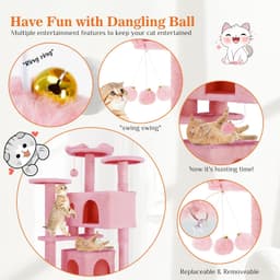 Sweetcrispy 54-inch pink cat tree tower with twin condos, three climbing platforms, sisal scratching posts, climbing ramp, and dangling bell toy balls