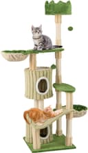 Tangkula 63-inch green leaf cat tree tower with two petal condos, plush top perch, two basket beds, slide platform, sisal scratching posts and dangling bell balls