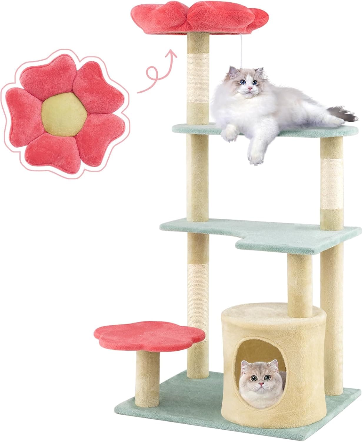 Tangkula 49-inch beige flower cat tree with flower-shaped top perch, cat condo, three sisal scratching posts, five levels, three platforms and dangling ball toy
