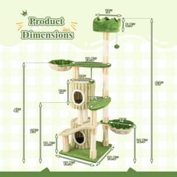 Tangkula 63-inch green leaf cat tree tower with two petal condos, plush top perch, two basket beds, slide platform, sisal scratching posts and dangling bell balls