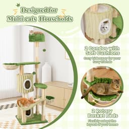 Tangkula 63-inch green leaf cat tree tower with two petal condos, plush top perch, two basket beds, slide platform, sisal scratching posts and dangling bell balls