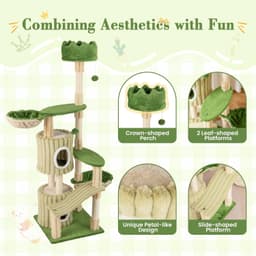 Tangkula 63-inch green leaf cat tree tower with two petal condos, plush top perch, two basket beds, slide platform, sisal scratching posts and dangling bell balls
