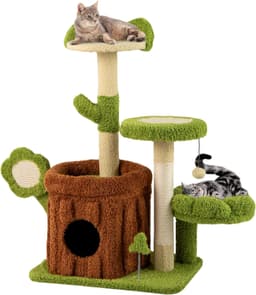 Tangkula 36-inch green forest cat tree with trunk condo, flower perch, ear-shaped top perch, cactus columns, sisal scratching post and board, spring toy, pompom and plush platforms