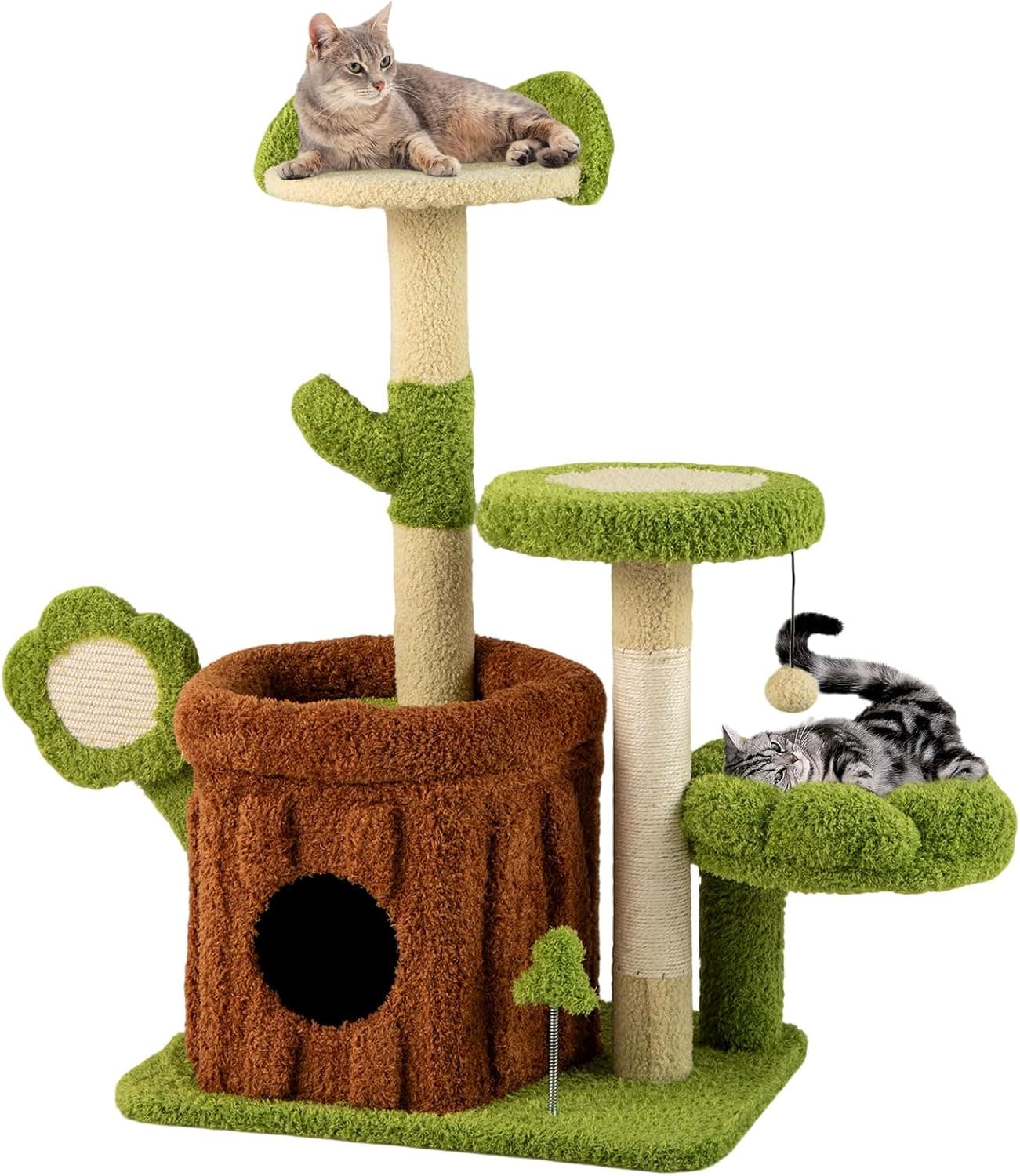 Tangkula 36-inch green forest cat tree with trunk condo, flower perch, ear-shaped top perch, cactus columns, sisal scratching post and board, spring toy, pompom and plush platforms