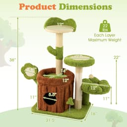 Tangkula 36-inch green forest cat tree with trunk condo, flower perch, ear-shaped top perch, cactus columns, sisal scratching post and board, spring toy, pompom and plush platforms