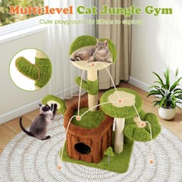 Tangkula 36-inch green forest cat tree with trunk condo, flower perch, ear-shaped top perch, cactus columns, sisal scratching post and board, spring toy, pompom and plush platforms