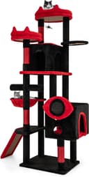 Tangkula 62-inch black gothic cat tree with devil ear perches, bat-shaped platform, spider toys, two condos, basket bed, sisal scratching posts, ramp and red cushioning