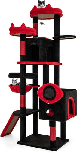 Tangkula 62-inch black gothic cat tree with devil ear perches, bat-shaped platform, spider toys, two condos, basket bed, sisal scratching posts, ramp and red cushioning