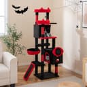 Tangkula 62-inch black gothic cat tree with devil ear perches, bat-shaped platform, spider toys, two condos, basket bed, sisal scratching posts, ramp and red cushioning