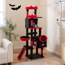 Tangkula 62-inch black gothic cat tree with devil ear perches, bat-shaped platform, spider toys, two condos, basket bed, sisal scratching posts, ramp and red cushioning