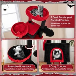 Tangkula 62-inch black gothic cat tree with devil ear perches, bat-shaped platform, spider toys, two condos, basket bed, sisal scratching posts, ramp and red cushioning