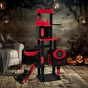 Tangkula 62-inch black gothic cat tree with devil ear perches, bat-shaped platform, spider toys, two condos, basket bed, sisal scratching posts, ramp and red cushioning