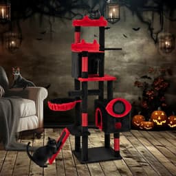 Tangkula 62-inch black gothic cat tree with devil ear perches, bat-shaped platform, spider toys, two condos, basket bed, sisal scratching posts, ramp and red cushioning
