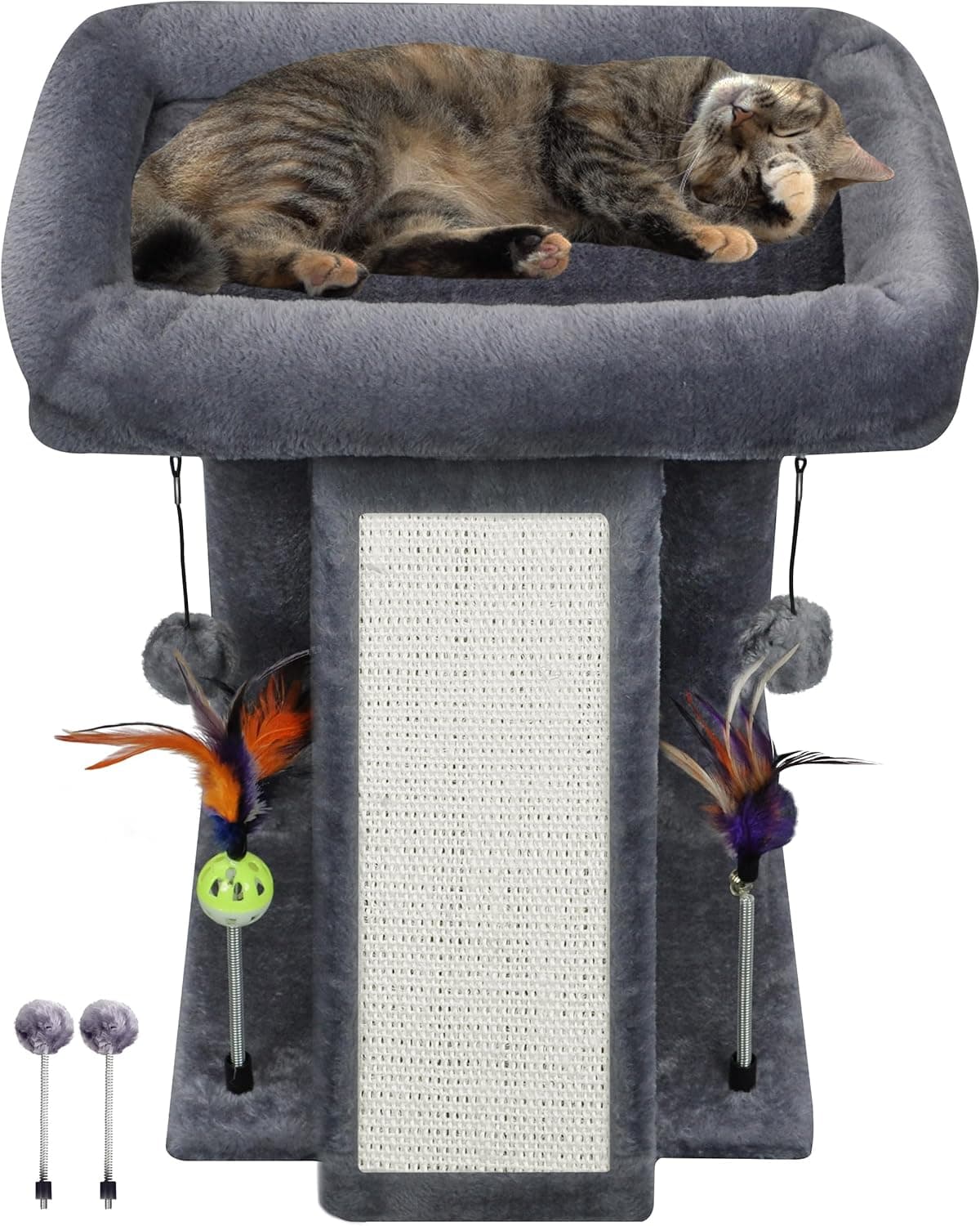 TWDEPART 17.7-inch grey compact cat tree tower with sisal scratching board, spring balls, hanging toy balls, and cozy top platform for indoor cats