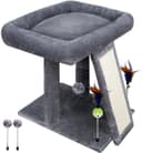 TWDEPART 17.7-inch grey compact cat tree tower with sisal scratching board, spring balls, hanging toy balls, and cozy top platform for indoor cats