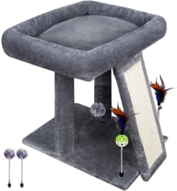 TWDEPART 17.7-inch grey compact cat tree tower with sisal scratching board, spring balls, hanging toy balls, and cozy top platform for indoor cats